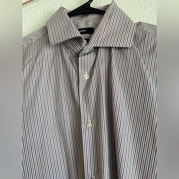 Men’s Hugo Boss Pink Grey Striped long Sleeve Button Down Shirt Medium - Picture 3 of 4